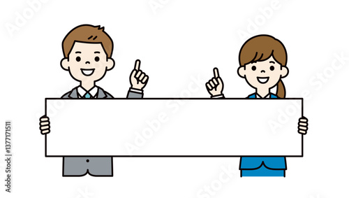 笑顔で長いフリップを持つ、若い男女の会社員のベクターイラスト素材＿＿線の編集可能＿カラー