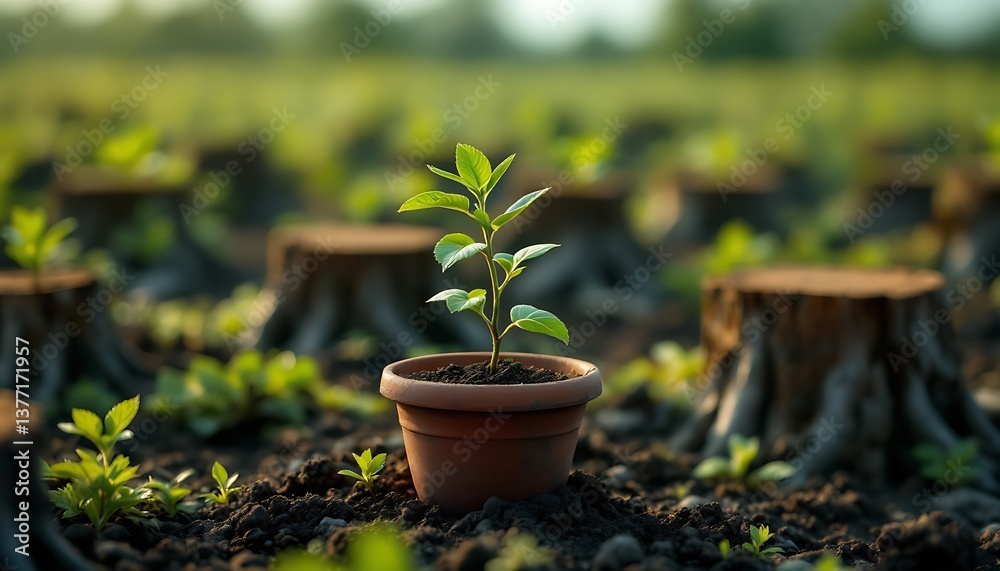 Fototapeta premium Plant Growing in Pot Among Tree Stumps Shows Reforestation Concept