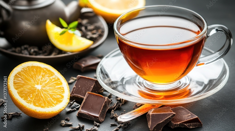 Dark tea, oranges, and chocolate on a dark surface Dark tea, oranges, and chocolate on a dark surface