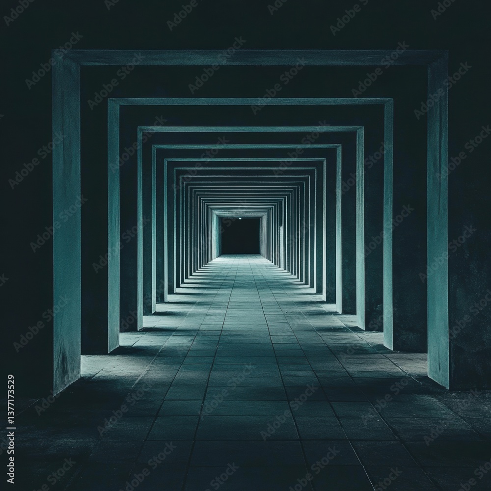 Fototapeta premium Dark square tunnel disappearing into infinity with a mysterious light at the end creating an enigmatic perspective