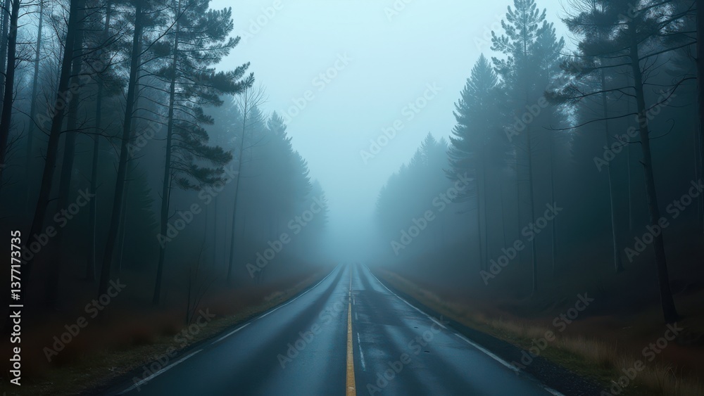 Fototapeta premium Empty road stretching through dense pine forest in heavy fog with no visible end 