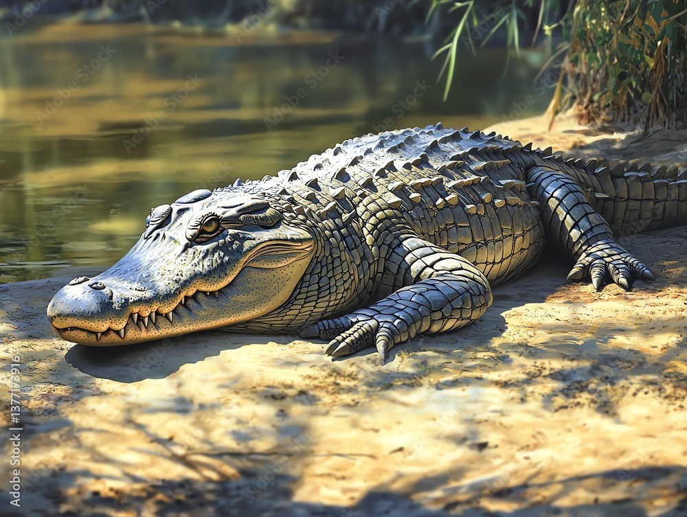 Resting Alligator Close to Water in Nature Setting Sunny Day Resting Alligator Close to Water in Nature Setting Sunny Day