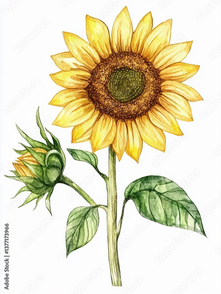 Obraz premium Watercolor sunflower clipart yellow petal green stem garden summer floral field bloom leaf nature illustration isolated bright botanical cheerful harvest sunny natural plant artwork detail drawing