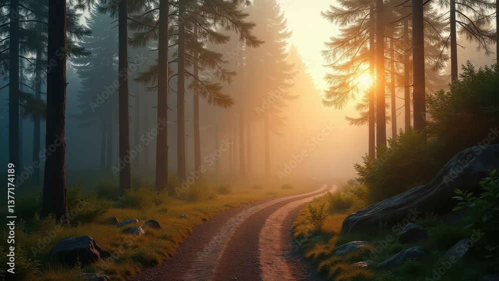 Winding forest path through tall pine trees at sunrise with mist and golden sunlight Winding forest path through tall pine trees at sunrise with mist and golden sunlight