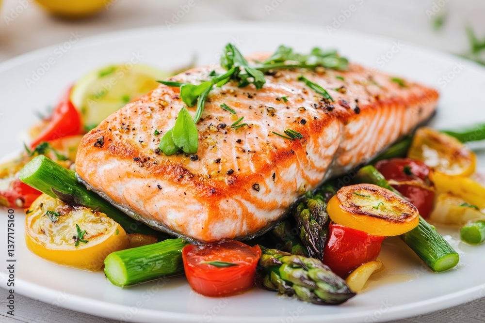 Roasted Salmon with Asparagus and Cherry Tomatoes. A healthy and flavorful dish featuring pan-seared salmon fillet served atop a bed of roasted asparagus, cherry tomatoes, and lemon slices Roasted Salmon with Asparagus and Cherry Tomatoes. A healthy and flavorful dish featuring pan-seared salmon fillet served atop a bed of roasted asparagus, cherry tomatoes, and lemon slices