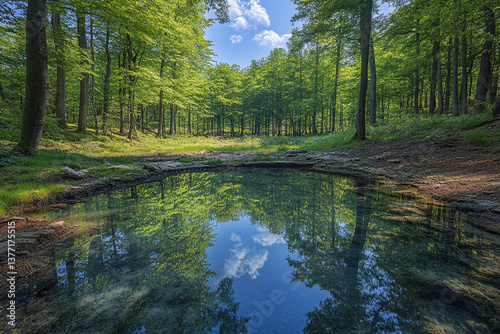 A tranquil forest glade with a small, crystal-clear pond reflecting the surrounding trees and sky, creating a mirror-like effect