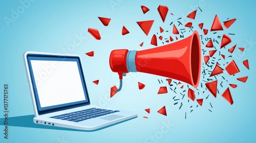 Laptop with megaphone blasting digital message