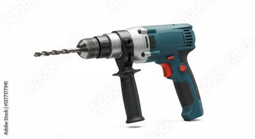 Teal and Black Cordless Drill with Drill Bit, Isolated on White