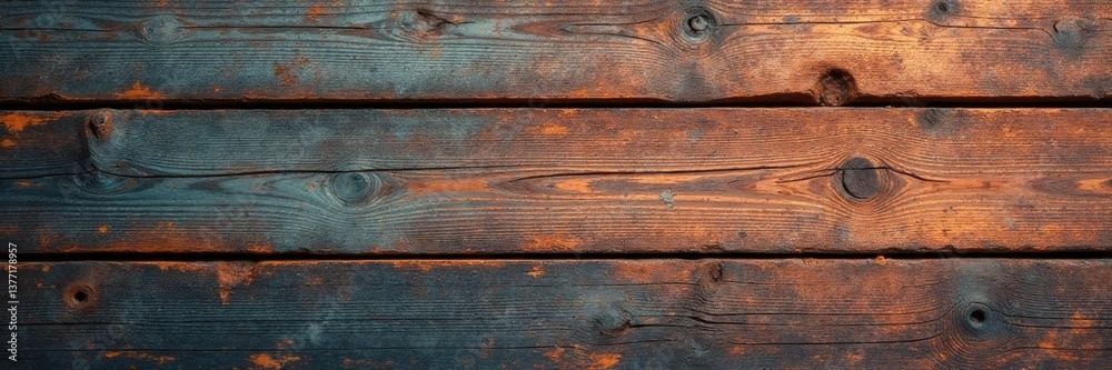 Naklejka premium Weathered wooden plank with deep cracks and grime, decay, old wood