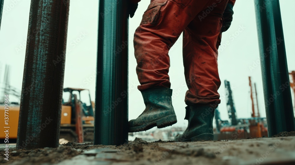 A construction worker aligning steel columns at a construction site. Featuring precision and strength A construction worker aligning steel columns at a construction site. Featuring precision and strength