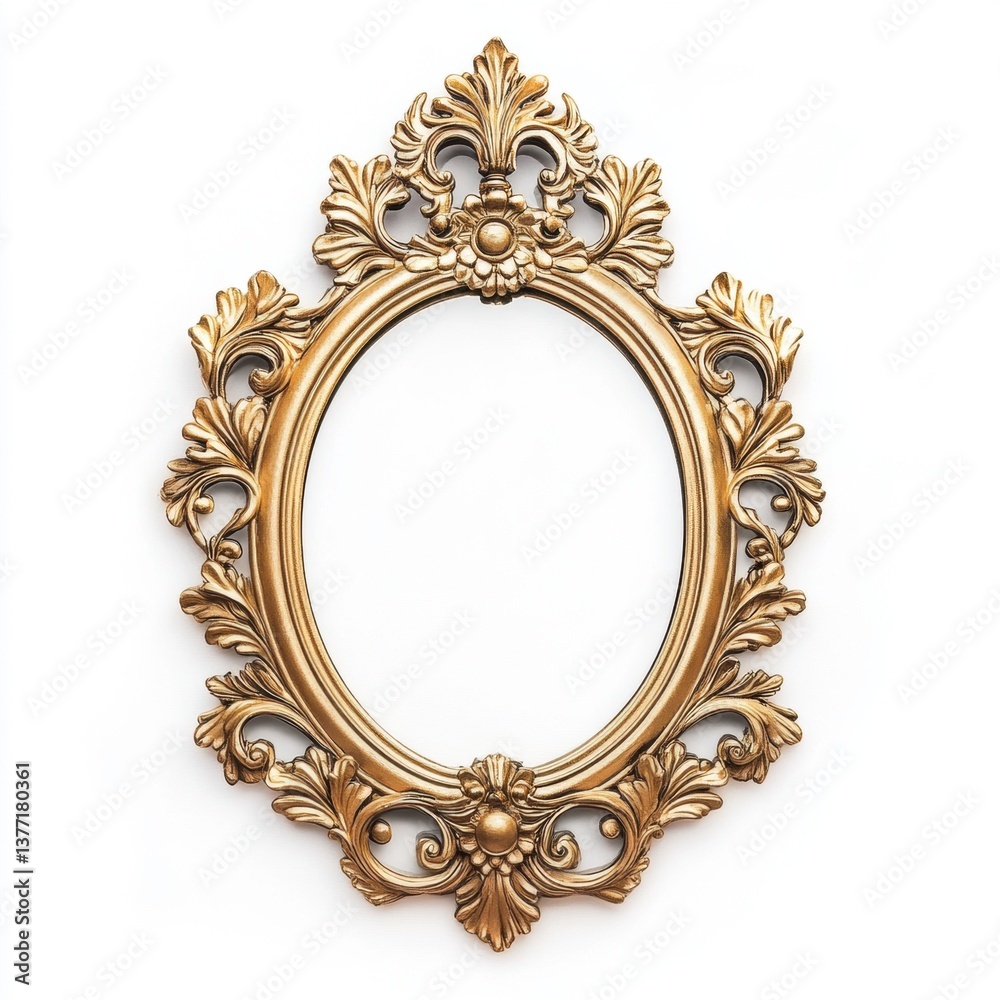Hyper-realistic image of a golden baroque frame with white background showcasing exquisite detailing and craftsmanship Hyper-realistic image of a golden baroque frame with white background showcasing exquisite detailing and craftsmanship