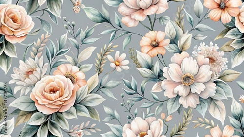 Elegant Pastel Floral Pattern Design Featuring Delicate Blooms and Lush Greenery on a Soft Gray Background