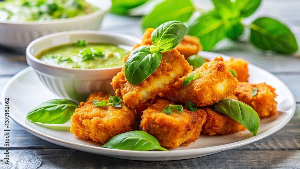Delicious Fried Fish Chunks with Basil Sauce - Stock Photo Delicious Fried Fish Chunks with Basil Sauce - Stock Photo