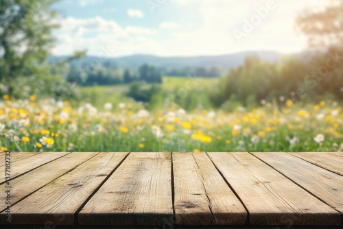 Wooden table outdoors in a flower field