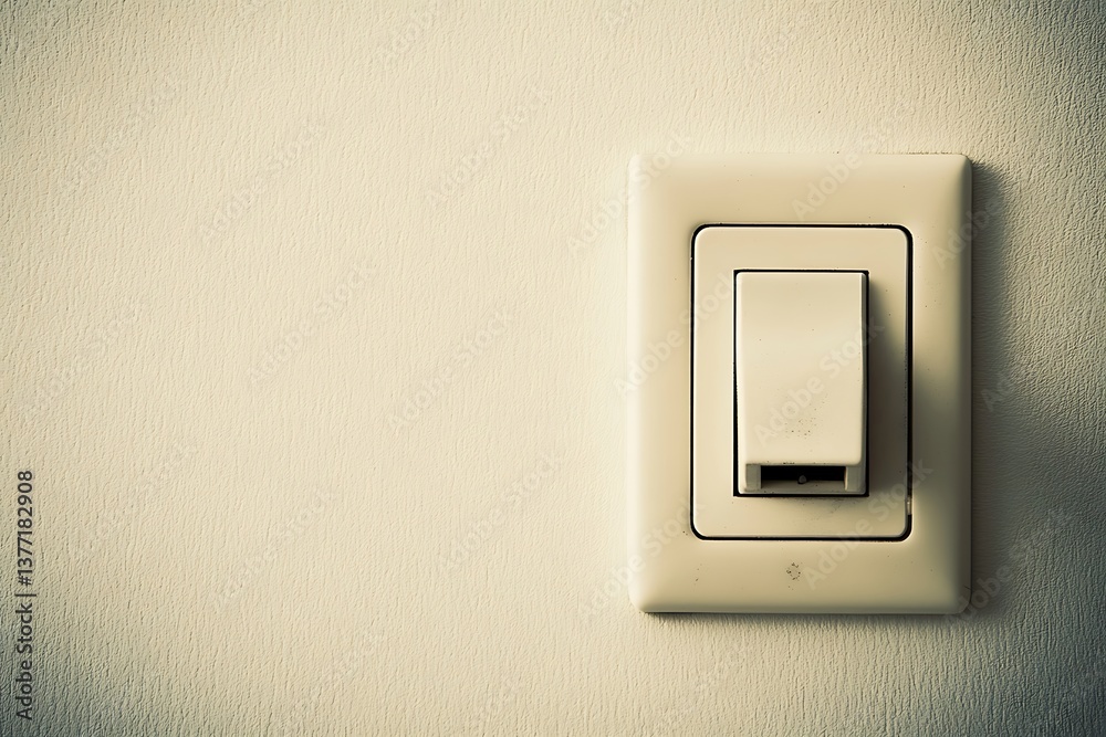 Indoor lighting control switch on cream wall, electrical fixture for home or office use Indoor lighting control switch on cream wall, electrical fixture for home or office use