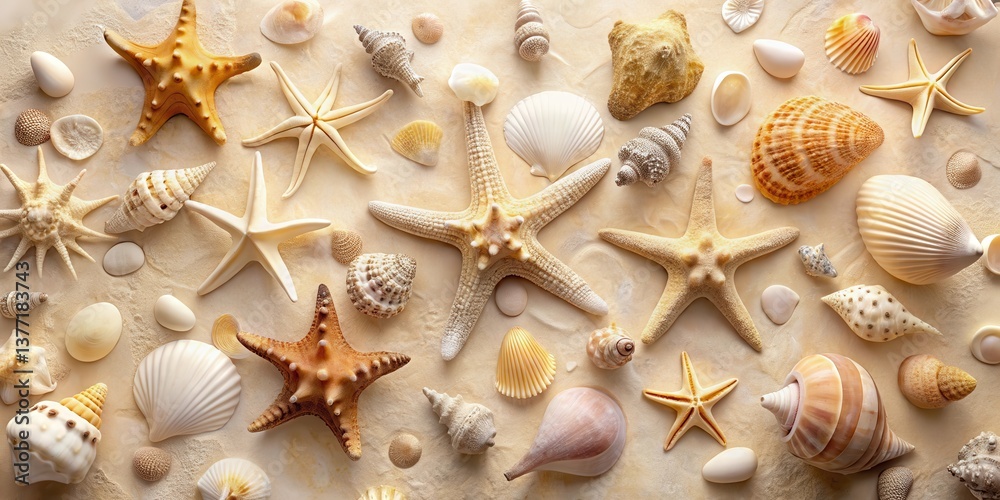 Seashells and Starfish Arranged on a Sandy Beach Background A Collection of Ocean Treasures Seashells and Starfish Arranged on a Sandy Beach Background A Collection of Ocean Treasures