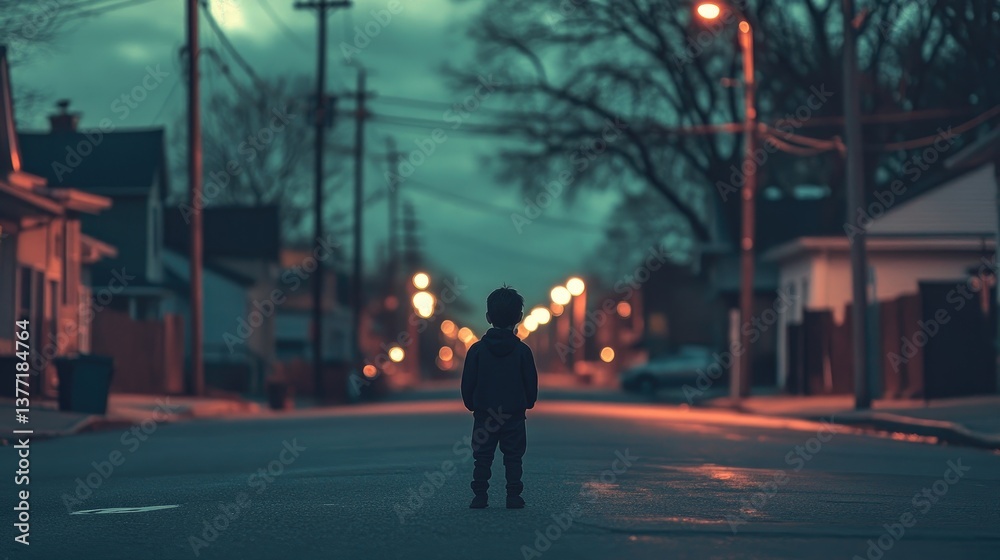 A poignant shot of a boy standing alone on a deserted street at dusk A poignant shot of a boy standing alone on a deserted street at dusk
