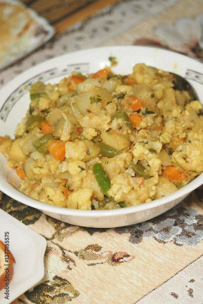 Traditional savory dish with vegetables and grains served in a bowl Traditional savory dish with vegetables and grains served in a bowl