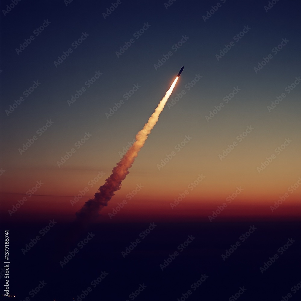 Fototapeta premium Dynamic photorealistic image of a rocket launching into the sky against a bright blue background emphasizing motion