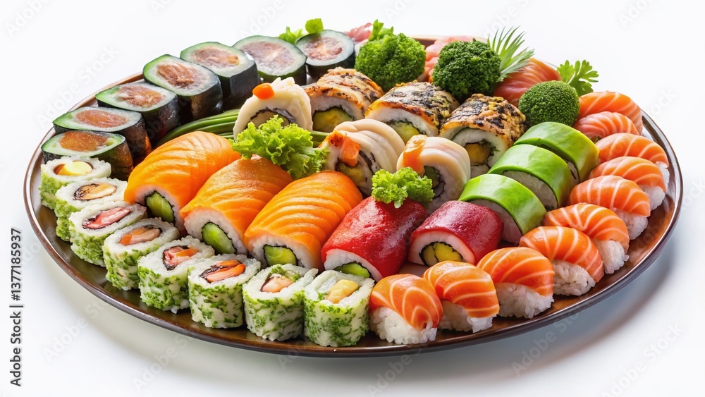 Delicious Sushi Platter with Assorted Rolls and Garnishes - Stock Photo Delicious Sushi Platter with Assorted Rolls and Garnishes - Stock Photo
