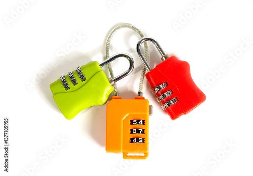 Three bright red, green and orange padlocks with combination numbers isolated on white background