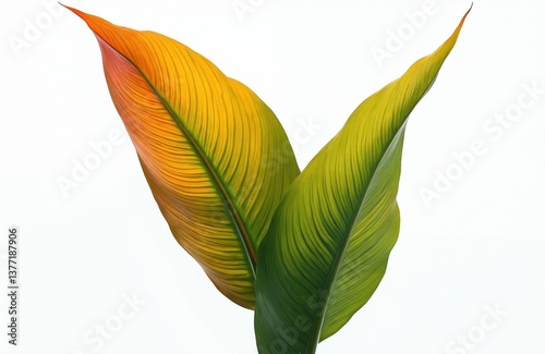 Isolated close-up of vibrant Canna Indica leaves against white background. Green and yellow tones with strong vein structure, natural foliage detail, ideal for eco-friendly, spring, summer designs.