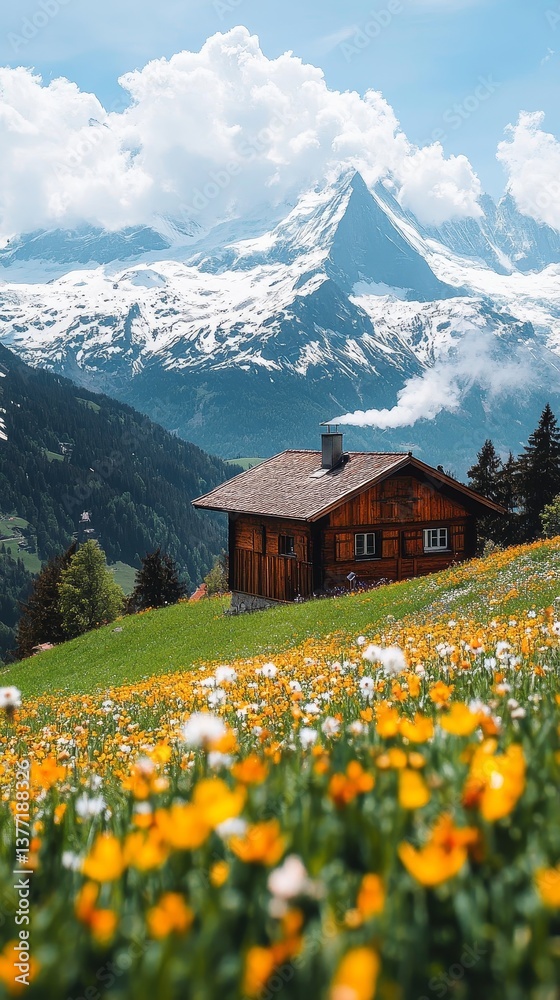 Fototapeta premium Rustic cabin by alpine meadow with vibrant wildflowers and snow-capped mountains
