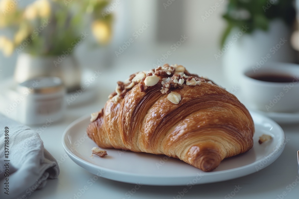 A flaky croissant topped with nuts sits on a white plate A flaky croissant topped with nuts sits on a white plate