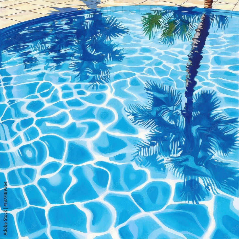 Lush palm tree casting a shadow over crystal clear water of a swimming pool in a tropical paradise setting