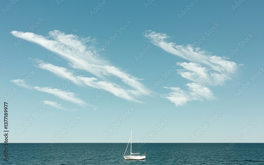 Fototapeta premium Small sailboat on calm blue sea under a pale blue sky with wispy clouds. Tranquil seascape, minimalist composition
