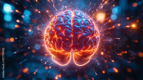 A digital human brain glows with electrical activity, surrounded by flashes and lightning on a dark background, symbolizing intelligence, neural energy, and advanced technology.

