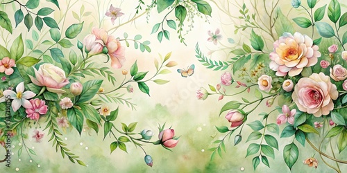 A Serene Watercolor Painting of Delicate Roses, Lush Greenery, and a Graceful Butterfly