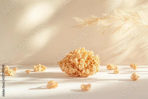 Delicious cereal clusters with light and shadow on a white surface