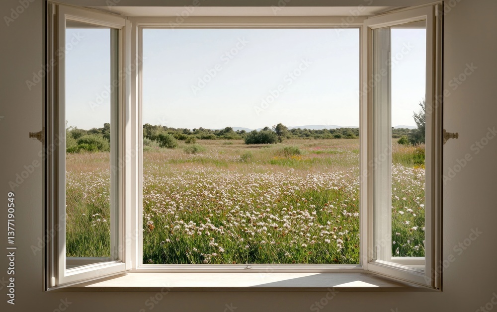 A bright, sunny view through a white window frame. A field of white and green flowers stretches across the landscape, bathed in natural light. The image evokes a feeling of serenity and peace A bright, sunny view through a white window frame. A field of white and green flowers stretches across the landscape, bathed in natural light. The image evokes a feeling of serenity and peace