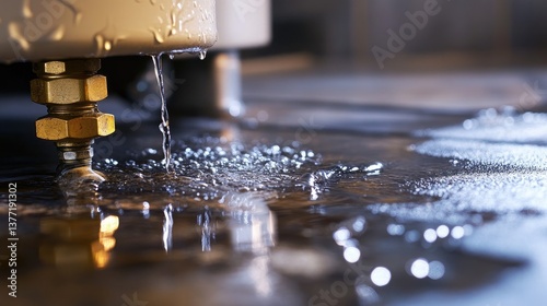 A close-up of water leaking from a broken heater, with visible water damage on the floor and surrounding plumbing issues