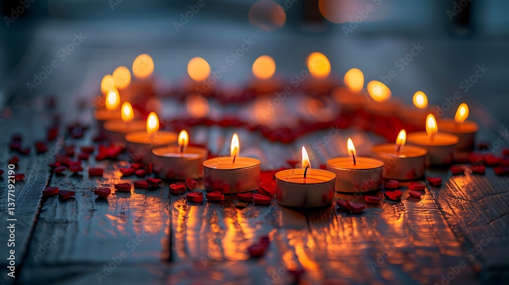 Romantic Heart Shaped Candlelight Arrangement on Wooden Table with Red Hearts Romantic Heart Shaped Candlelight Arrangement on Wooden Table with Red Hearts