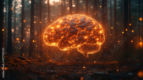 A digital human brain glows with electrical activity, surrounded by flashes and lightning on a dark background, symbolizing intelligence, neural energy, and advanced technology.

