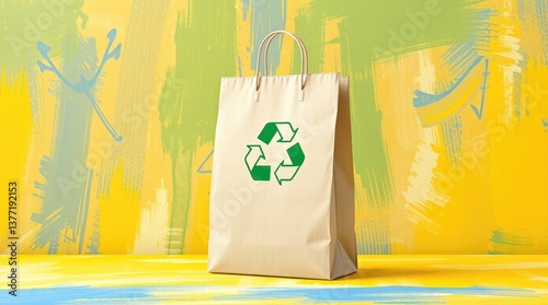 Beige paper shopping bag displays green recycle logo prominently photo