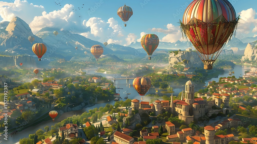 Fototapeta premium Majestic Hot Air Balloons Soaring Over Picturesque European Town Landscape