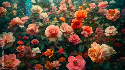 Lush Garden of Vibrant Roses and Delicate Flowers A Stunning Floral Display