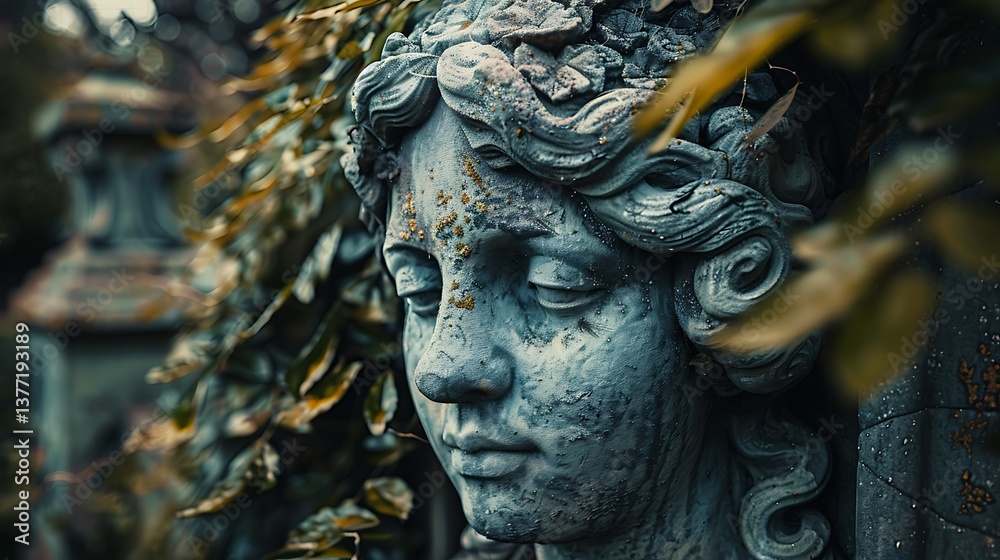 Fototapeta premium Weathered Stone Angel Head Statue in a Cemetery Garden Close up detail of antique sculpture