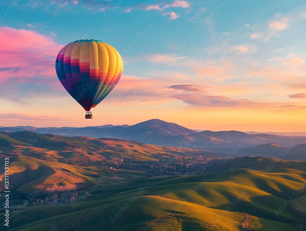 Fototapeta premium Hot Air Balloon over Landscape – A Vibrant Hot Air Balloon Floating Above Scenic Views