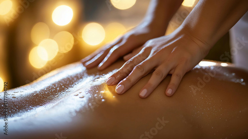 Wallpaper Mural Massage therapist’s hands pressing into a client’s back, oil glistening on the skin, soft spa lighting Torontodigital.ca
