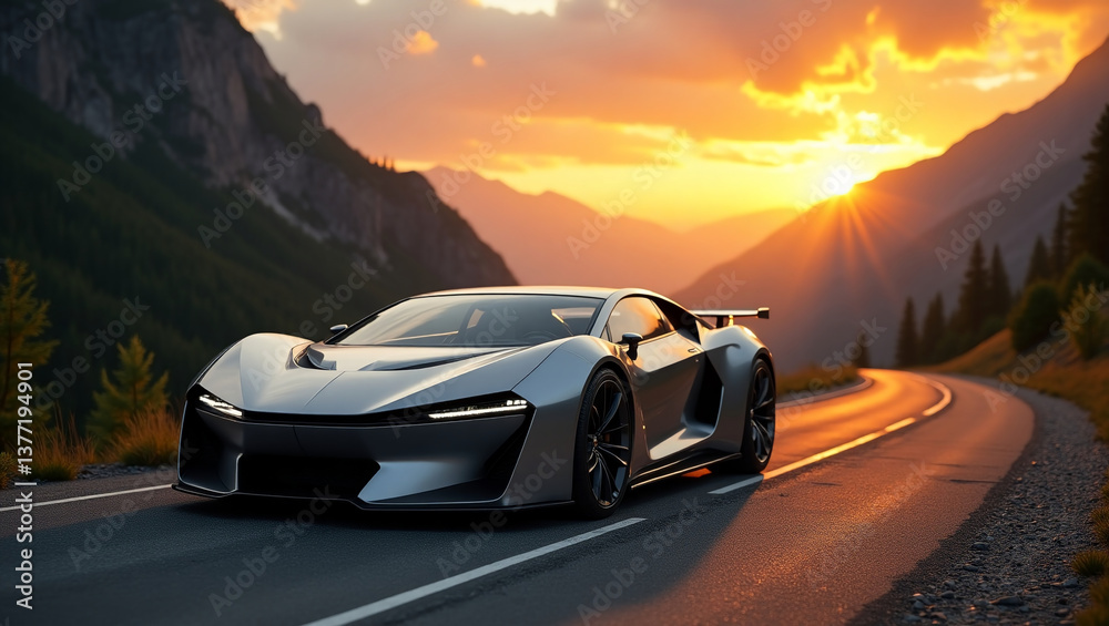 Fototapeta premium Sleek silver sports car on scenic mountain road at sunset. Blazing skies complimenting its aerodynamic design.