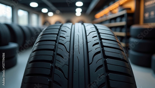 Close-up of a new car tire tread, showcasing its intricate design and construction, set in an auto shop with other tires in the background.