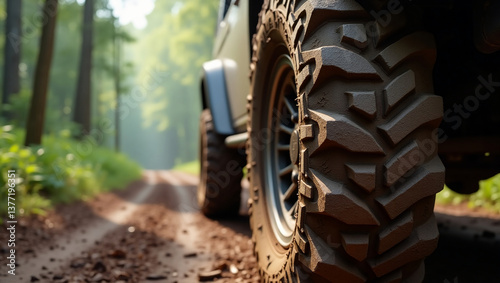 Off-road tires on a dirt road through the forest. Muddy and rugged, ready for adventure and exploring nature's trails.