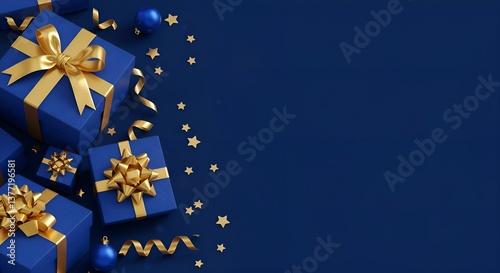 Royal blue gift boxes with golden bows on dark blue background - magical glowing stars and copy space for luxury branding