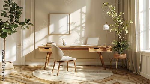 Sunny Home Office Workspace with Wooden Desk Laptop and Plants Ideal for Productivity and Relaxation