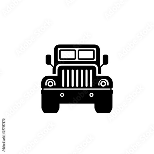 Black silhouette of a front-facing classic truck with large grille and headlights isolated on a white background.