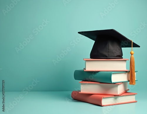 Academic achievement concept. Stack of books, graduation hat symbolizing knowledge, learning, education success. Graduation cap on top of books pile. Boost in academic performance.